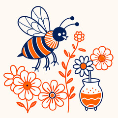 Whimsical cartoon bee flying among orange and blue flowers in a vase