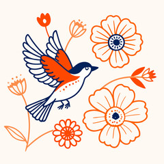 Stylized orange and blue bird in flight surrounded by whimsical flowers on a cream background