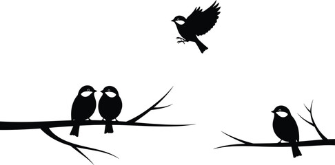 Bird silhouette vector, perched and flying birds, branch composition, wildlife posture illustration, nature interaction concept, black silhouette design, minimal avian artwork