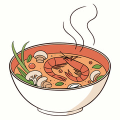 A delicious bowl of steaming hot tom yum soup with shrimp mushrooms and herbs