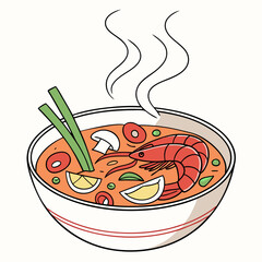 A steaming bowl of delicious tom yum soup with shrimp mushrooms lemon and herbs