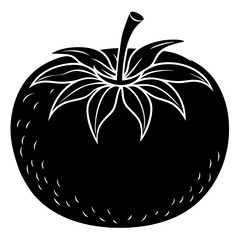 Bold black silhouette of a fresh strawberry with green leaves and stem
