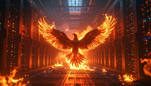 Digital Inferno: A Majestic Phoenix Rises in a Burning Server Hall