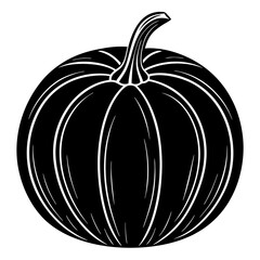 A striking black and white silhouette illustration of a plump pumpkin with a curved stem