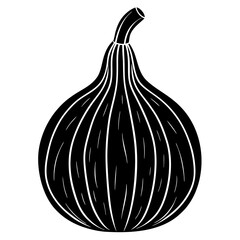 Stylized black and white illustration of a ripe fig with prominent vertical lines and a stem