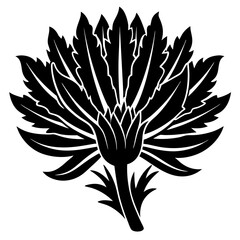 Stylized black silhouette of a blooming flower with intricate leaf patterns