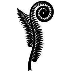 Stylized black silhouette of a fern frond unfurling in a spiral shape
