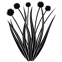Stylized black silhouette of five blooming allium flowers with long grass blades