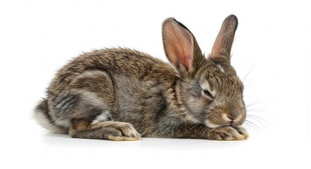 Obraz premium Lapin brun paisible dort doucement lumiere douce fond blanc. AI Generated