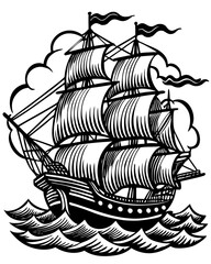 A majestic tall ship with full sails navigates through choppy waves under a cloudy sky