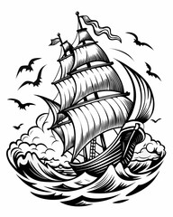 A majestic tall ship with full sails navigates rough seas under a sky with circling birds