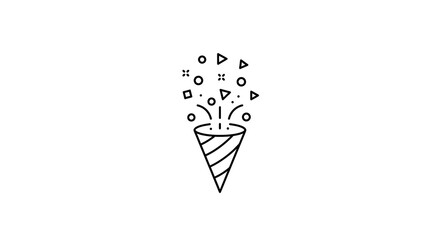 A cartoon style vector of a party popper cone with stars and ribbons exploding out, centered on a plain white background