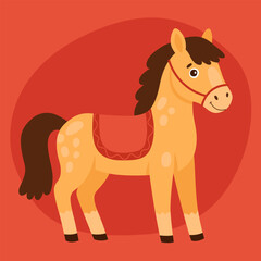 Yellow horse, pony with red saddle. Cute zodiac horse, new year of the horse. Cute happy animal character on red background.	
