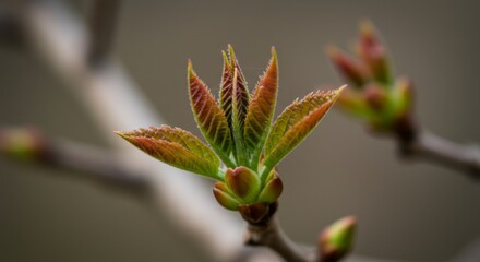 Red And Green New Leaf Buds Close Up