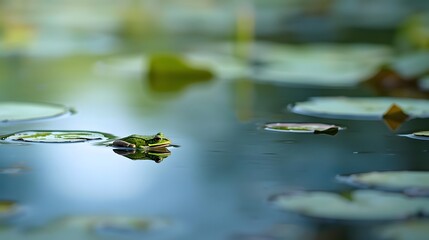 Frog Floating Peacefully on Quiet Pond Surface
