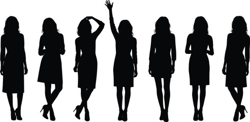 Female silhouette vector, elegant woman poses, high heel fashion, dress posture illustration, body gesture design, stylish standing figure, garment concept art