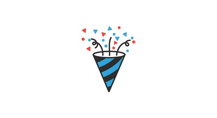 A cartoon style vector of a party popper cone with stars and ribbons exploding out, centered on a plain white background
