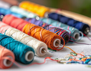 Macro shot of embroidery in progress, colorful threads, delicate handwork, textile art, detailed craftsmanship