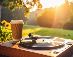 Vinyl record spinning with morning coffee, retro lifestyle, warm sunlight, music lover's ritual