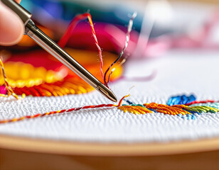 Macro shot of embroidery in progress, colorful threads, delicate handwork, textile art, detailed craftsmanship
