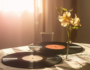 Vinyl record spinning with morning coffee, retro lifestyle, warm sunlight, music lover's ritual
