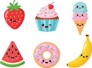 Kawaii cute food vector illustration with smiling fruits, donut, cupcake, ice cream, cartoon dessert characters in flat style