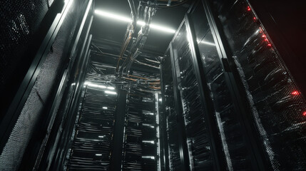 towering server racks with neon diagnostic lights robotic arm adjusting cable high tech data center interior illustration concept scene visual for commercial design use high detail quality stock image
