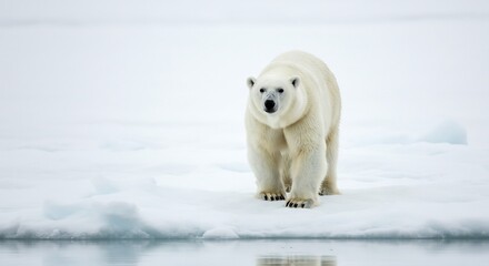 Fototapeta premium Ours blanc majestueux se tient fi�rement sur la glace arctique sous une lumi�re diffuse. AI Generated