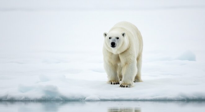 Ours blanc majestueux se tient fi�rement sur la glace arctique sous une lumi�re diffuse. AI Generated