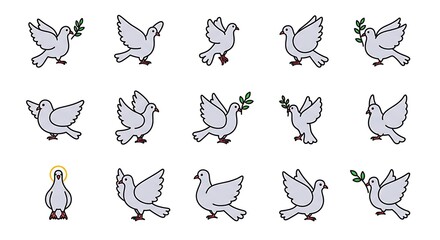 A stylized line art vector of a dove with elegant curves and flowing wings, centered on a clean white background
