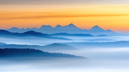 Fototapeta premium Mountaintop sunset fog concept. Serene mountain landscape with a colorful sunset and misty valleys.