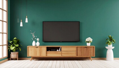 Modern Living Room Interior Design with Green Wall, Wooden TV Stand, and Plants