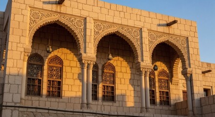 Fototapeta premium Traditional Arabic Architecture in Dubai Courtyard and Stone Buildings