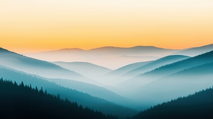 Obraz premium Mountaintop sunset fog concept. Serene mountain landscape with layered hills and a warm gradient sky.