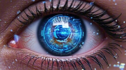A closeup image shows a human eye with a digital interface over the iris featuring AI text - Powered by Adobe