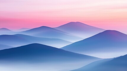 Obraz premium Mountaintop sunset fog concept. Serene landscape of rolling hills under a pastel sky at sunrise.