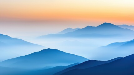 Fototapeta premium Mountaintop sunset fog concept. Serene mountain landscape with soft blue hues and a warm sunset backdrop.
