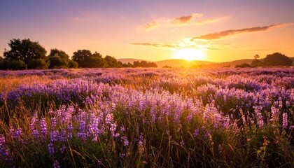 Fototapeta premium Majestic Lupine Field Illuminated by a Radiant Golden Sunset