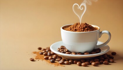 Obraz premium A coffee cup featuring heart-shaped latte art and scattered coffee beans on a rich brown background for International Coffee Day