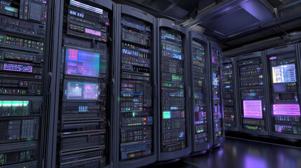 towering server racks with neon diagnostic lights robotic arm adjusting cable high tech data center interior illustration concept scene visual for commercial design use high detail quality stock image