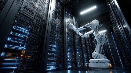 towering server racks with neon diagnostic lights robotic arm adjusting cable high tech data center interior illustration concept scene visual for commercial design use high detail quality stock image