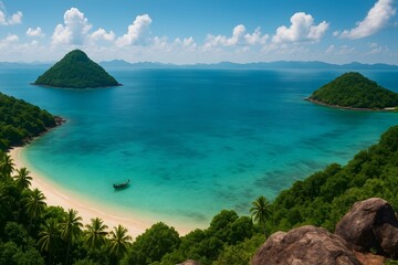 Fototapeta premium Tropical paradise bay with crystal clear turquoise water, lush green island, palm trees, and long-tail boat under sunny blue sky, aerial beach view, perfect travel destination