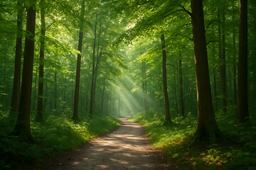 Fototapeta premium Peaceful Green Forest Trail with Sun Rays