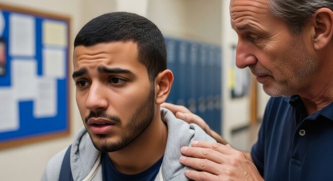 Worried Young Man Looking Uncomfortable as Older Man Touches His Shoulder Depicting Harassment or Pressure
