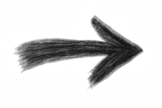Black charcoal arrow pointing rightward, sketched transparently, indicating directional guidance or element emphasis