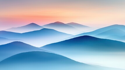 Mountaintop sunset fog concept. Gentle hills fade into soft hues of blue and pink in a serene landscape.