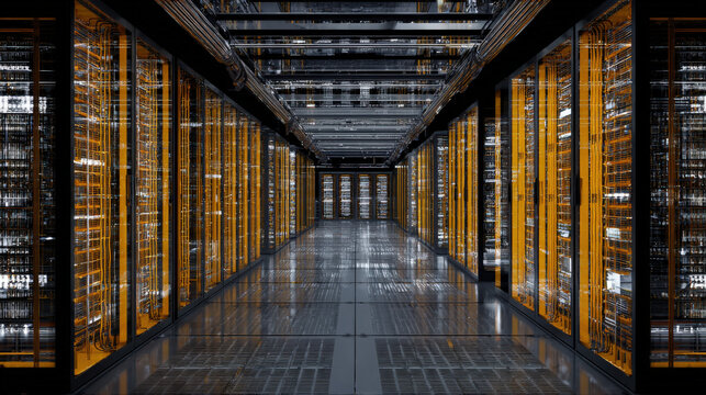 towering server racks with neon diagnostic lights robotic arm adjusting cable high tech data center interior illustration concept scene visual for commercial design use high detail quality stock image