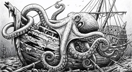 Giant Kraken Octopus Attacking a Sunken Shipwreck.