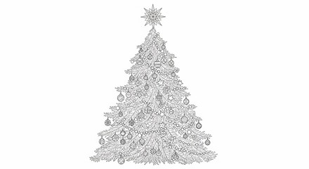 Elegant White Christmas Tree Line Art Illustration.