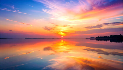Fototapeta premium Breathtaking Sunset over Calm Lake with Intense Reflections